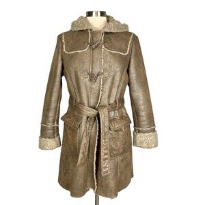 Kenneth Cole NY Womens Brown Faux Shearling Penny Lane Coat Hooded size Medium